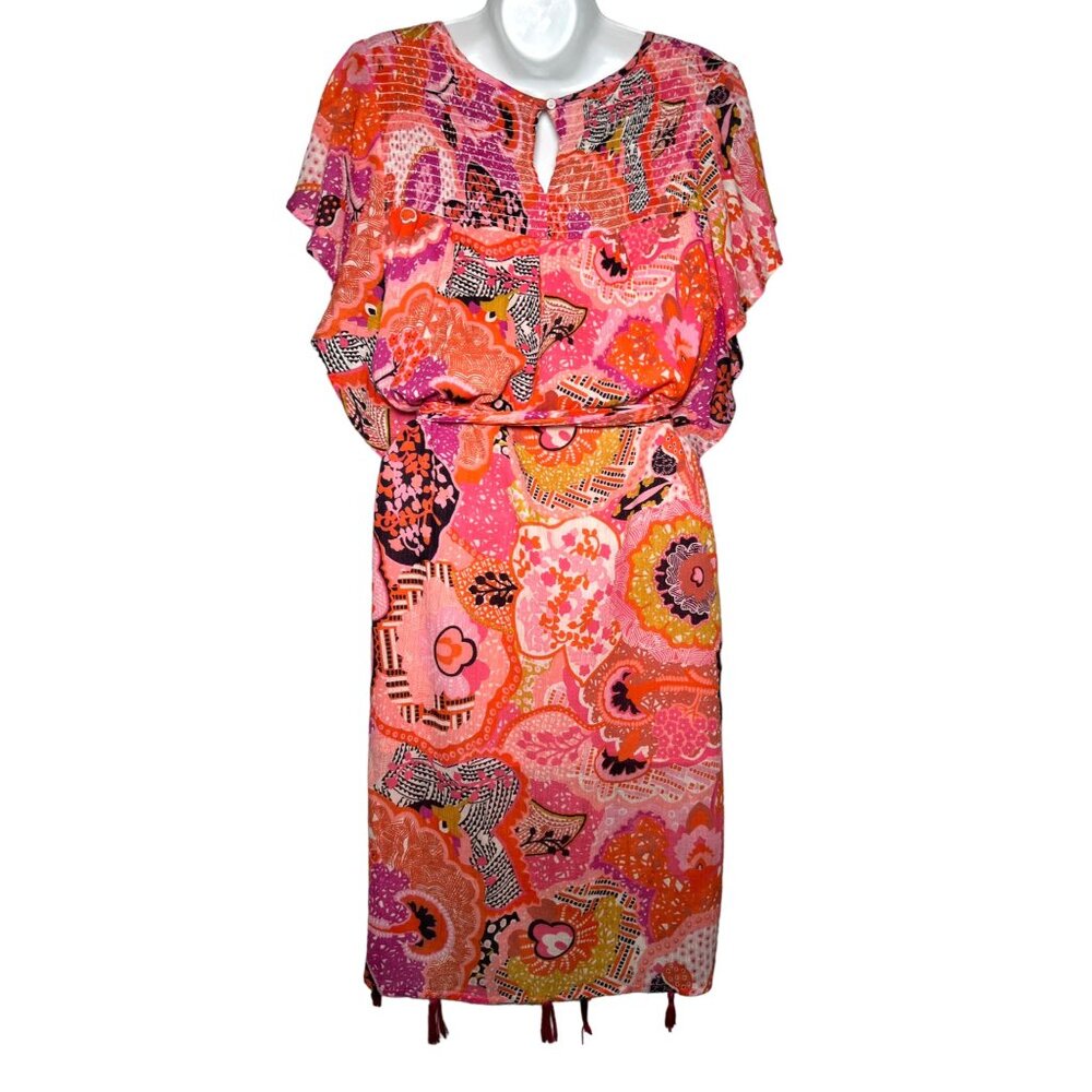 Banjanan Printed Mini Dress Flutter Sleeve Tassel Trim Floral Pink Red Large Boh - Picture 10 of 16